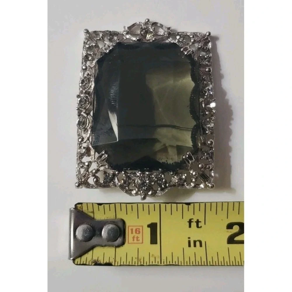 Vintage SARAH COV Brooch Pendant Necklace Gray Topaz Faceted Stone Silver Tone